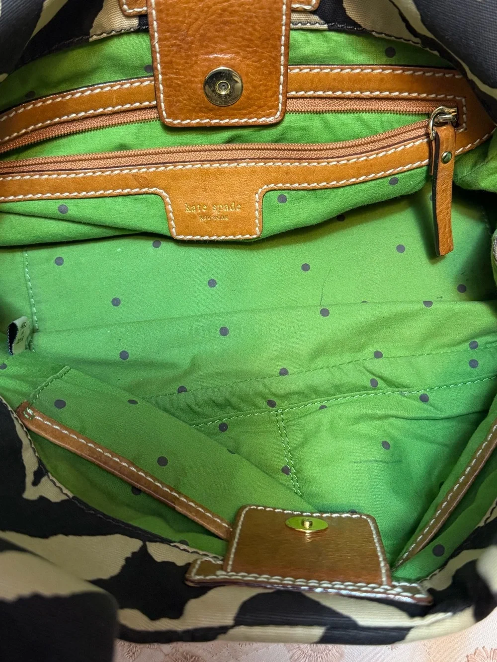 Vintage Kate Spade Zebra Print Canvas Shoulder Bag Hobo - Y2K Green Polka Dot
